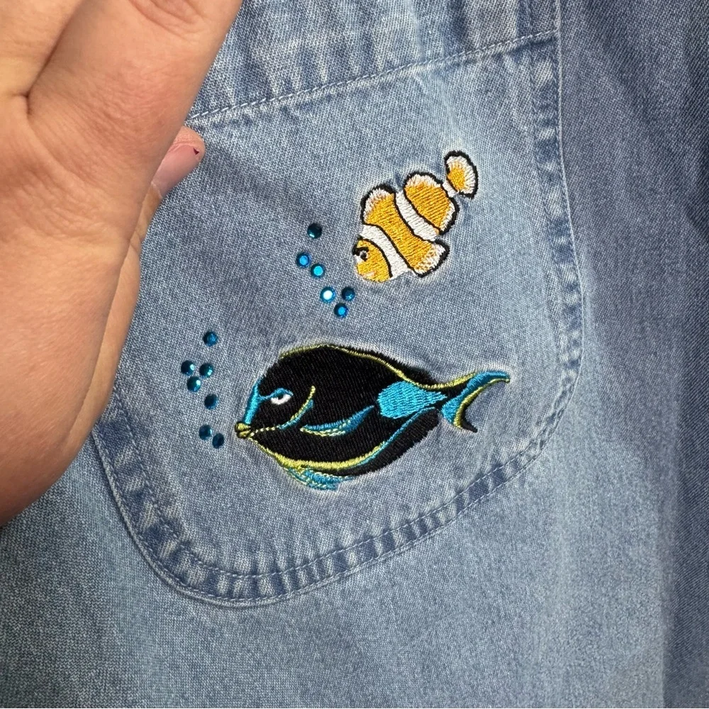 CB Casual Plus Chambray Fish Dress 2X Denim Beach Nautical Embroidered NWT - Picture 4 of 8